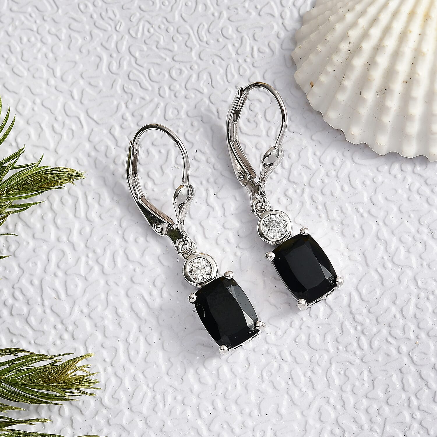 D'Joy Natural Thai Black Spinel & White Zircon Solitaire Lever Back Earring in Platinum Overlay Sterling Silver 4.45 Ct.