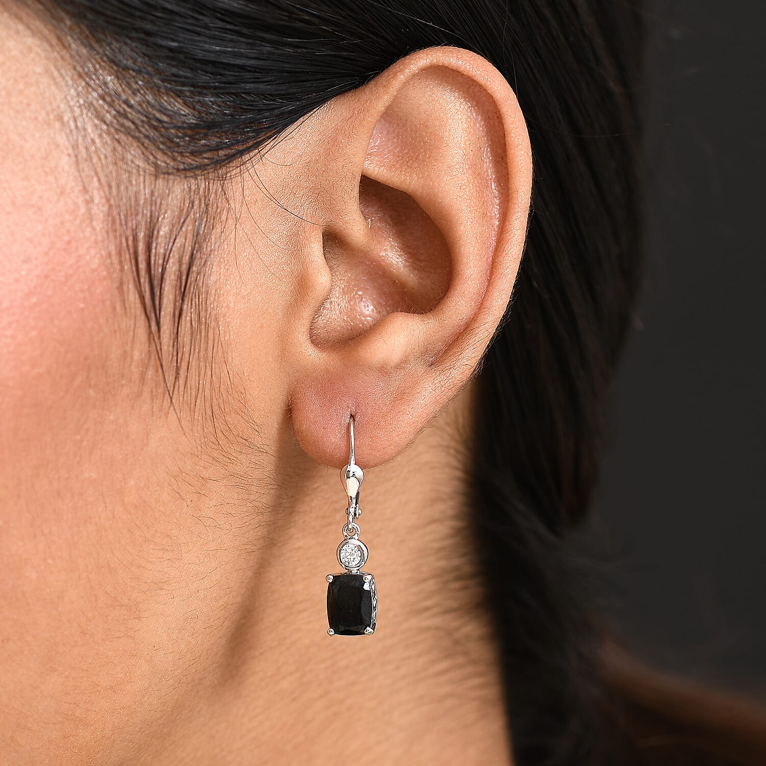 D'Joy Natural Thai Black Spinel & White Zircon Solitaire Lever Back Earring in Platinum Overlay Sterling Silver 4.45 Ct.
