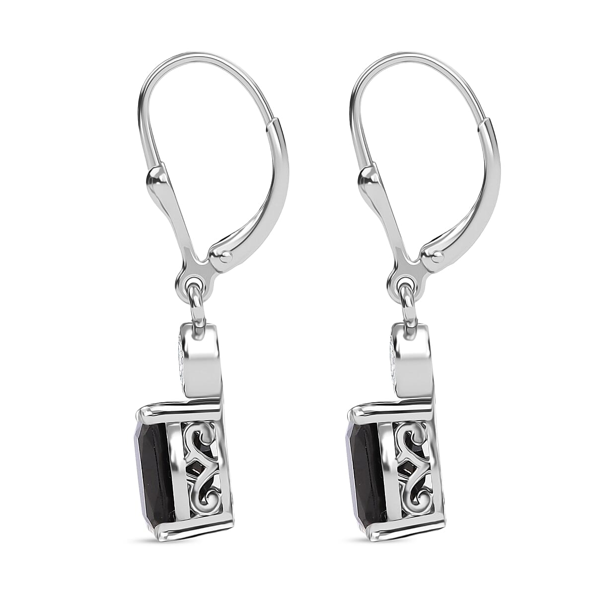 D'Joy Natural Thai Black Spinel & White Zircon Solitaire Lever Back Earring in Platinum Overlay Sterling Silver 4.45 Ct.