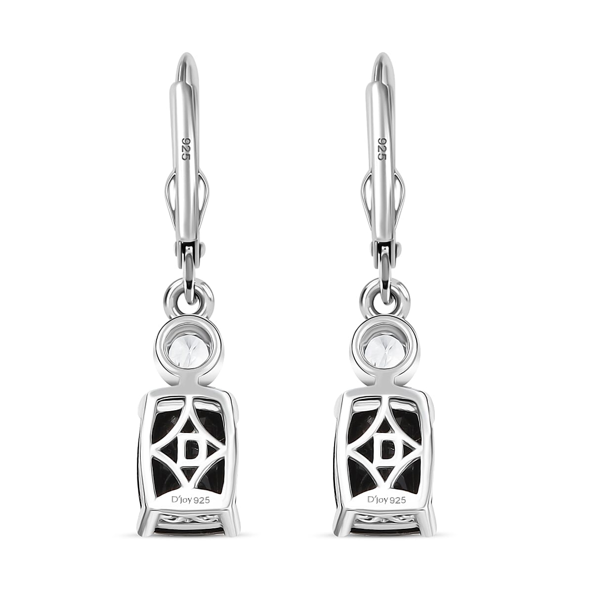 D'Joy Natural Thai Black Spinel & White Zircon Solitaire Lever Back Earring in Platinum Overlay Sterling Silver 4.45 Ct.