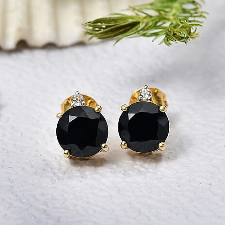 Natural Thai Black Spinel & White Zircon Solitaire Stud Push Post Earring in 18K Yellow Gold Plated Sterling Silver 4.65 Ct.