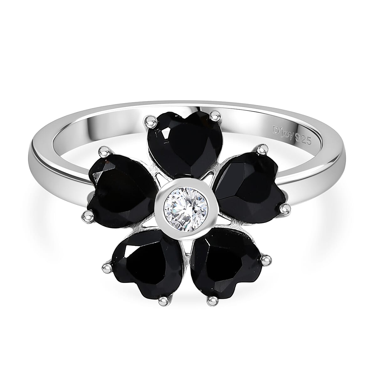D'Joy Natural Thai Black Spinel & White Zircon Floral Ring in Platinum Overlay Sterling Silver 3.17 Ct.