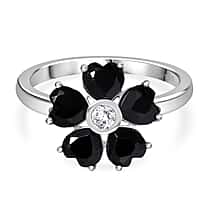 Natural Thai Black Spinel & White Zircon Floral Ring in Platinum Overlay Sterling Silver 3.17 Ct.