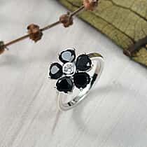 Natural Thai Black Spinel & White Zircon Floral Ring in Platinum Overlay Sterling Silver 3.17 Ct.
