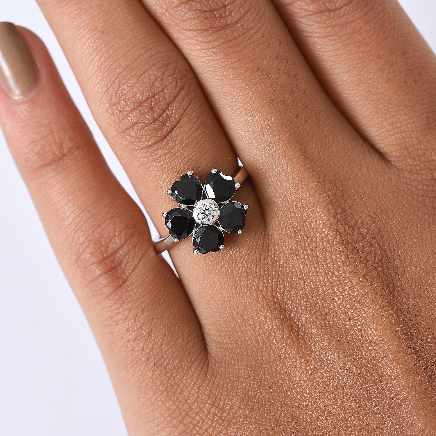 D'Joy Natural Thai Black Spinel & White Zircon Floral Ring in Platinum Overlay Sterling Silver 3.17 Ct.