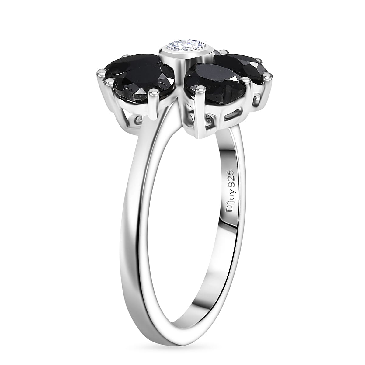 D'Joy Natural Thai Black Spinel & White Zircon Floral Ring in Platinum Overlay Sterling Silver 3.17 Ct.