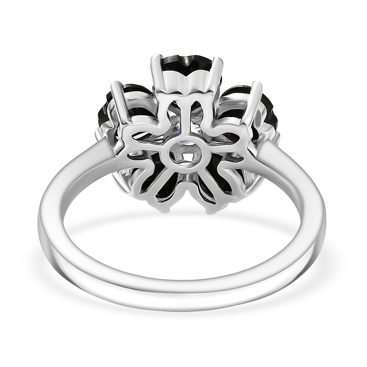 D'Joy Natural Thai Black Spinel & White Zircon Floral Ring in Platinum Overlay Sterling Silver 3.17 Ct.