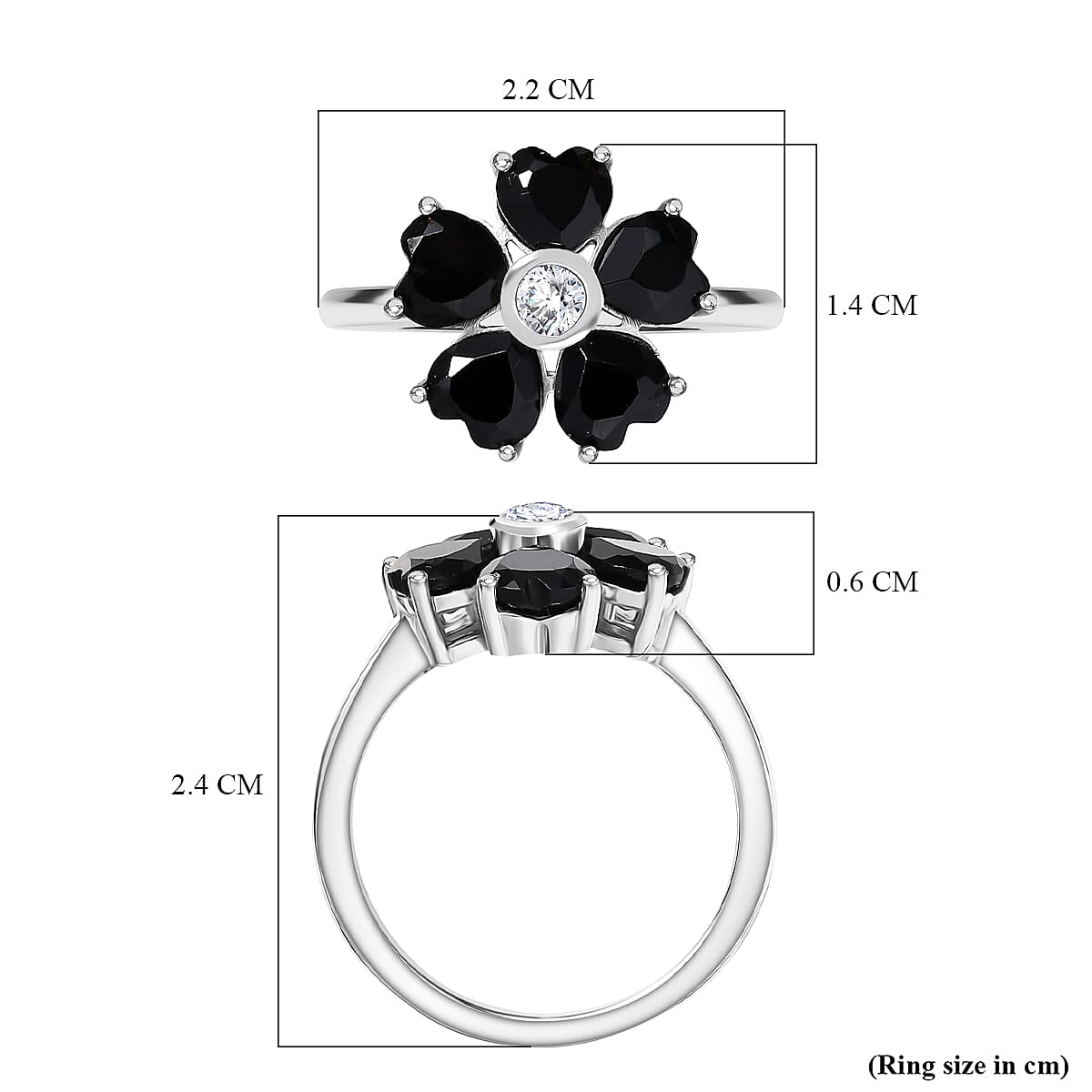 D'Joy Natural Thai Black Spinel & White Zircon Floral Ring in Platinum Overlay Sterling Silver 3.17 Ct.