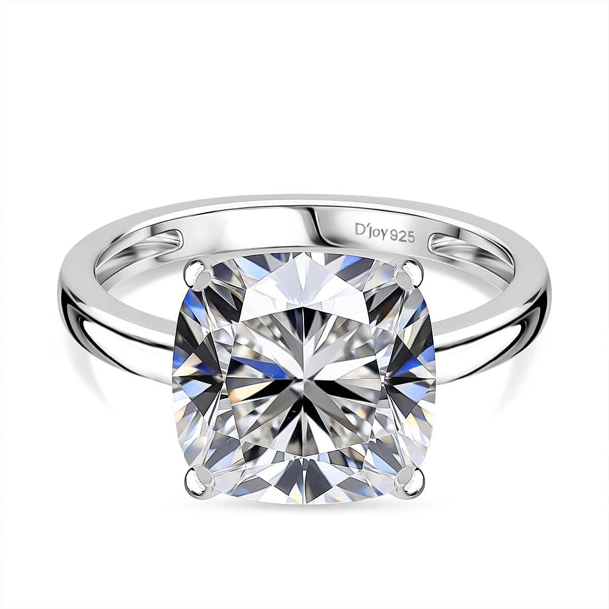 D'Joy Moissanite Cushion Cut Solitaire Ring in Rhodium Overlay Sterling Silver 4.62 Ct.