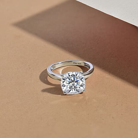 D'Joy Moissanite Cushion Cut Solitaire Ring in Rhodium Overlay Sterling Silver 4.62 Ct.