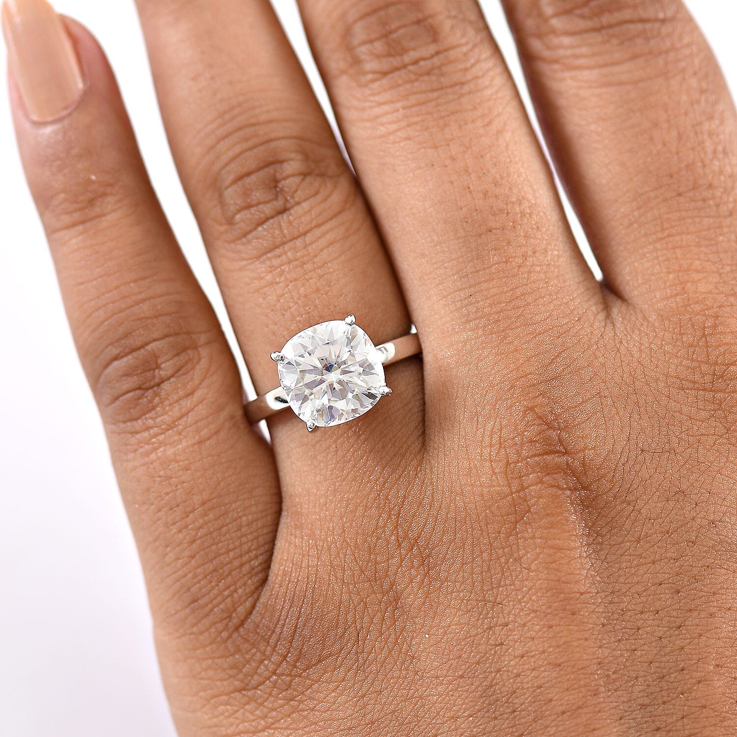 D'Joy Moissanite Cushion Cut Solitaire Ring in Rhodium Overlay Sterling Silver 4.62 Ct.