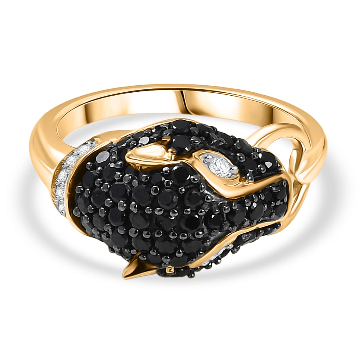 D'Joy Natural Thai Black Spinel & White Zircon Panther Ring in 18K Yellow Gold Plating Sterling Silver 1.16 Ct.