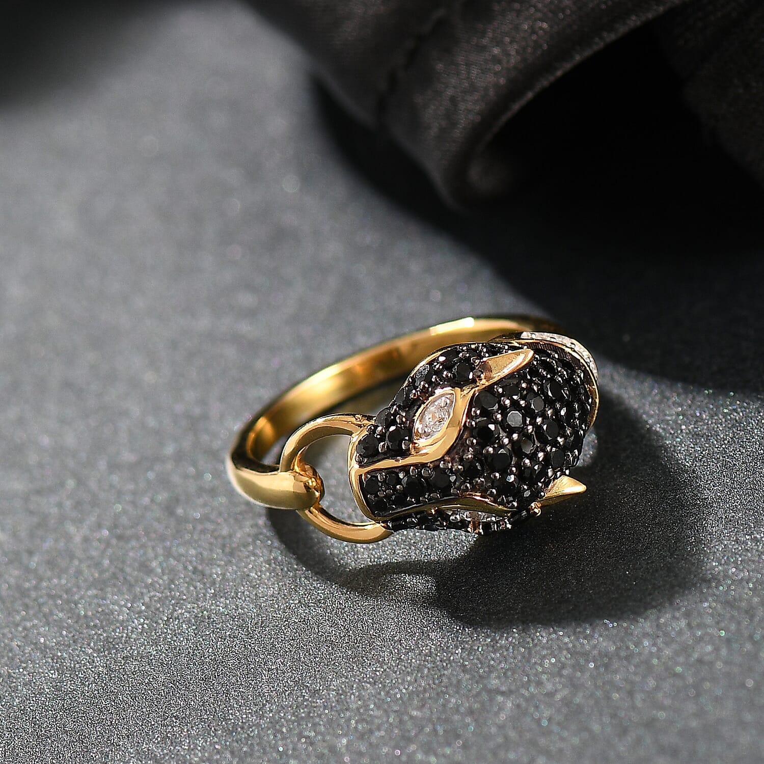 D'Joy Natural Thai Black Spinel & White Zircon Panther Ring in 18K Yellow Gold Plating Sterling Silver 1.16 Ct.
