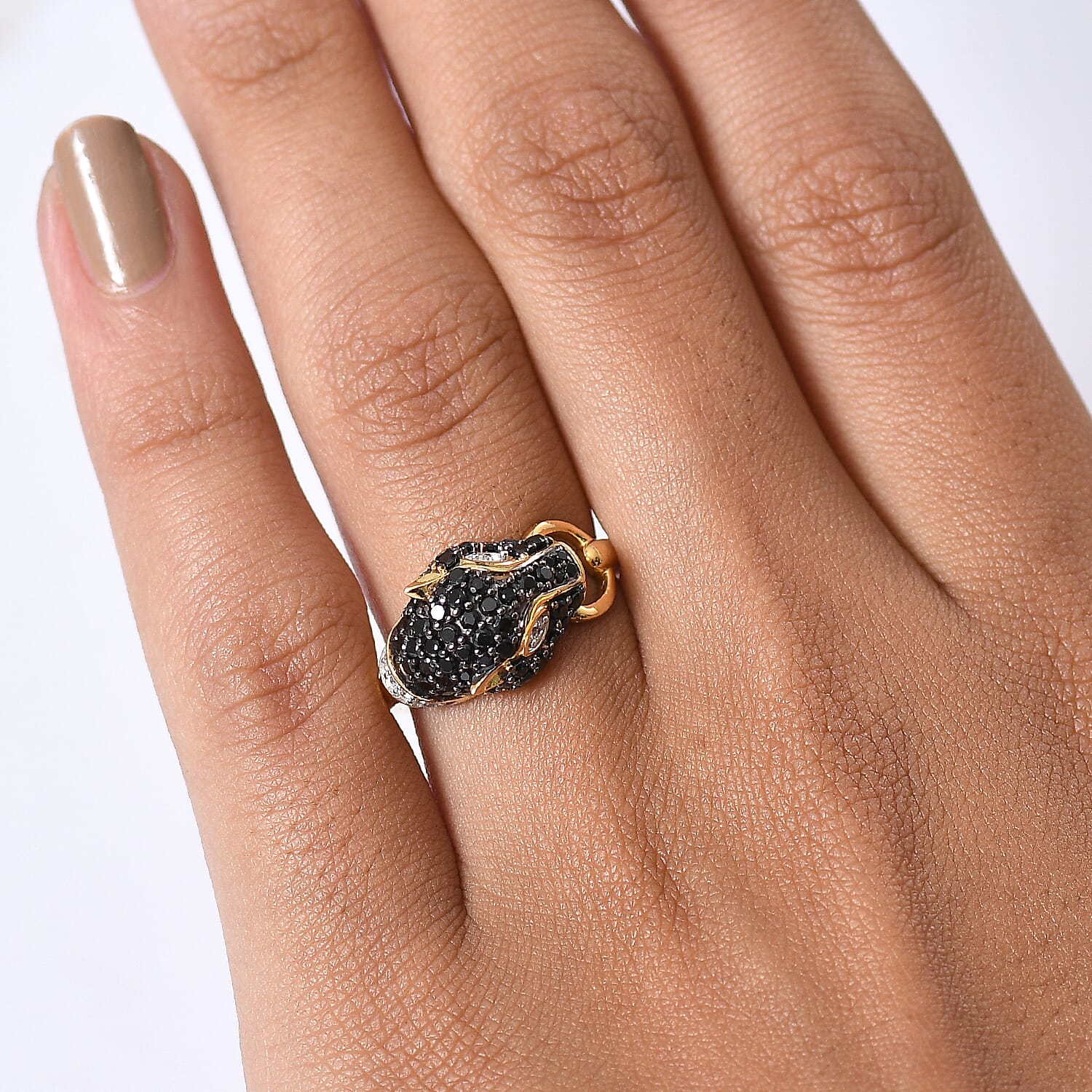 D'Joy Natural Thai Black Spinel & White Zircon Panther Ring in 18K Yellow Gold Plating Sterling Silver 1.16 Ct.