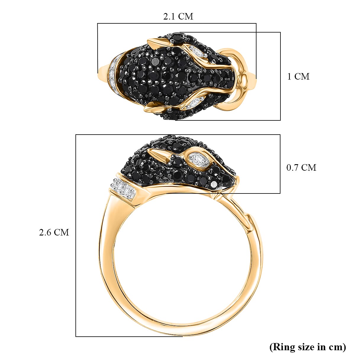 D'Joy Natural Thai Black Spinel & White Zircon Panther Ring in 18K Yellow Gold Plating Sterling Silver 1.16 Ct.