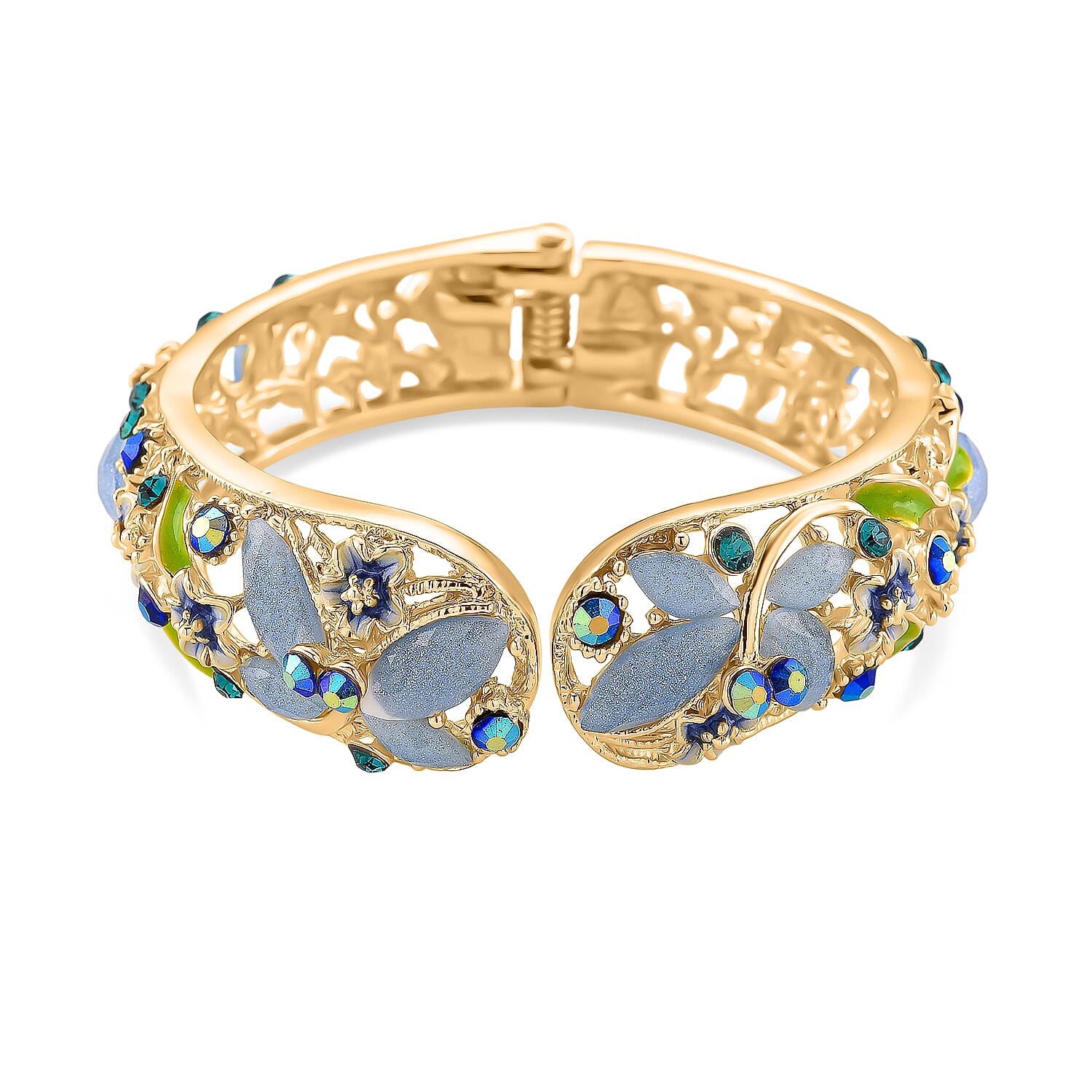 Blue Magic Color Crystal & Blue Color Resin Cuff Bangle (Size - 6.75) with Green Enameling