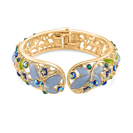 Blue Magic Color Crystal & Blue Color Resin Cuff Bangle (Size - 6.75) with Green Enameling
