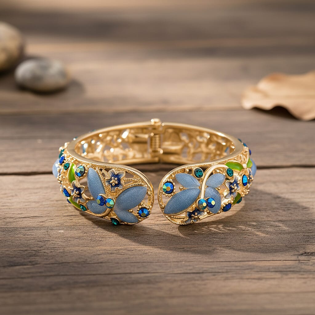 Blue Magic Color Crystal & Blue Color Resin Cuff Bangle (Size - 6.75) with Green Enameling