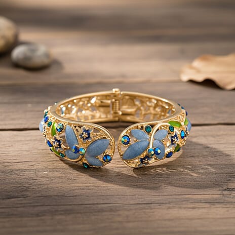 The Enchanted Collection - Blue Magic Colour Crystal & Blue Colour Resin Cuff Bangle with Green Enameling