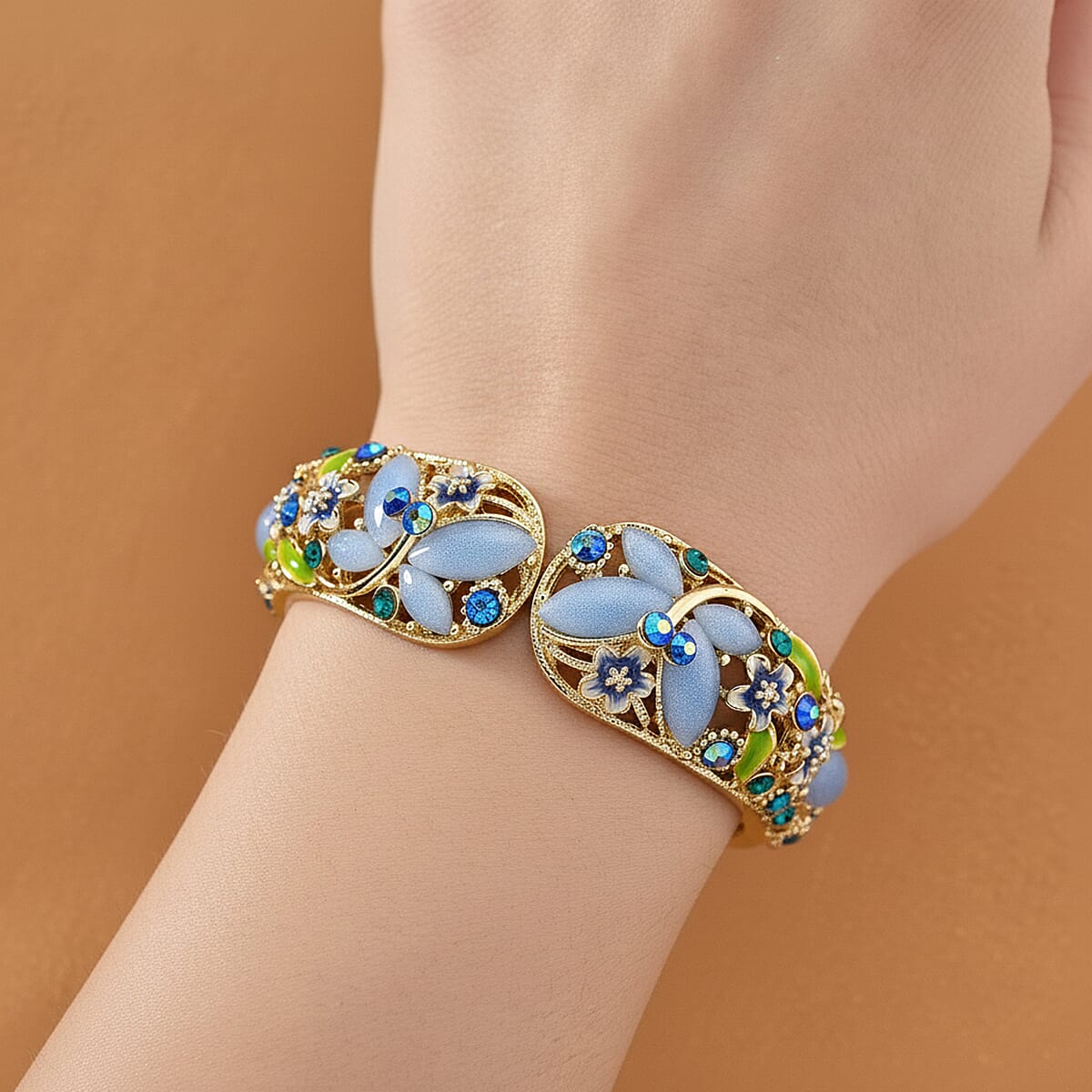 Blue Magic Color Crystal & Blue Color Resin Cuff Bangle (Size - 6.75) with Green Enameling