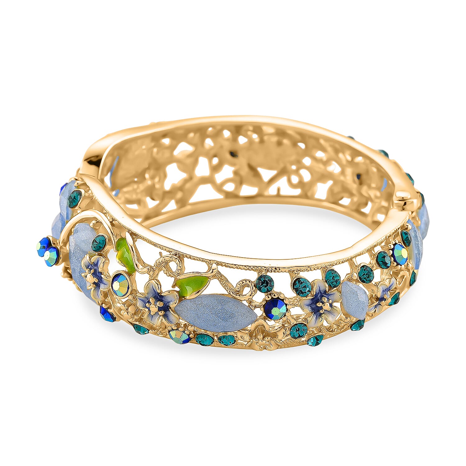 Blue Magic Color Crystal & Blue Color Resin Cuff Bangle (Size - 6.75) with Green Enameling