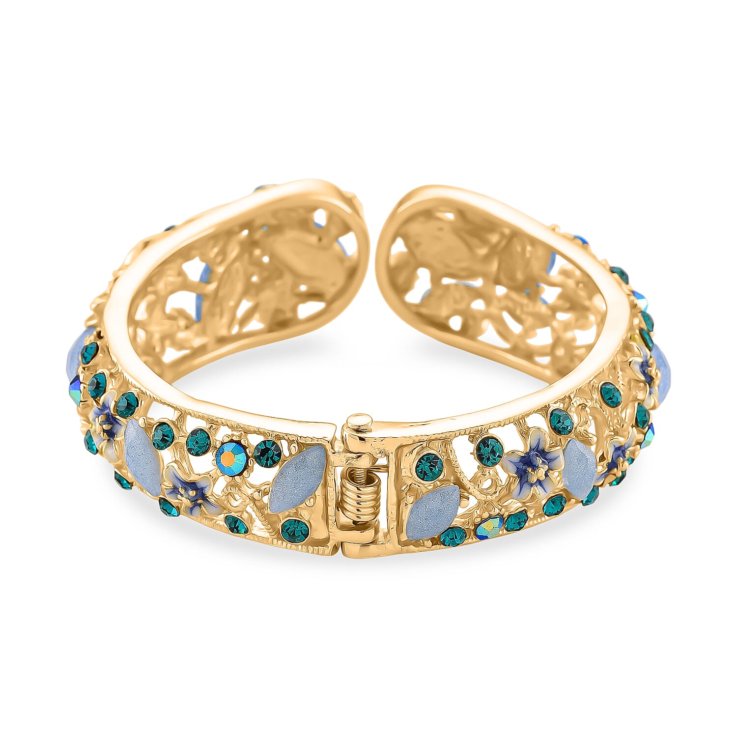 Blue Magic Color Crystal & Blue Color Resin Cuff Bangle (Size - 6.75) with Green Enameling