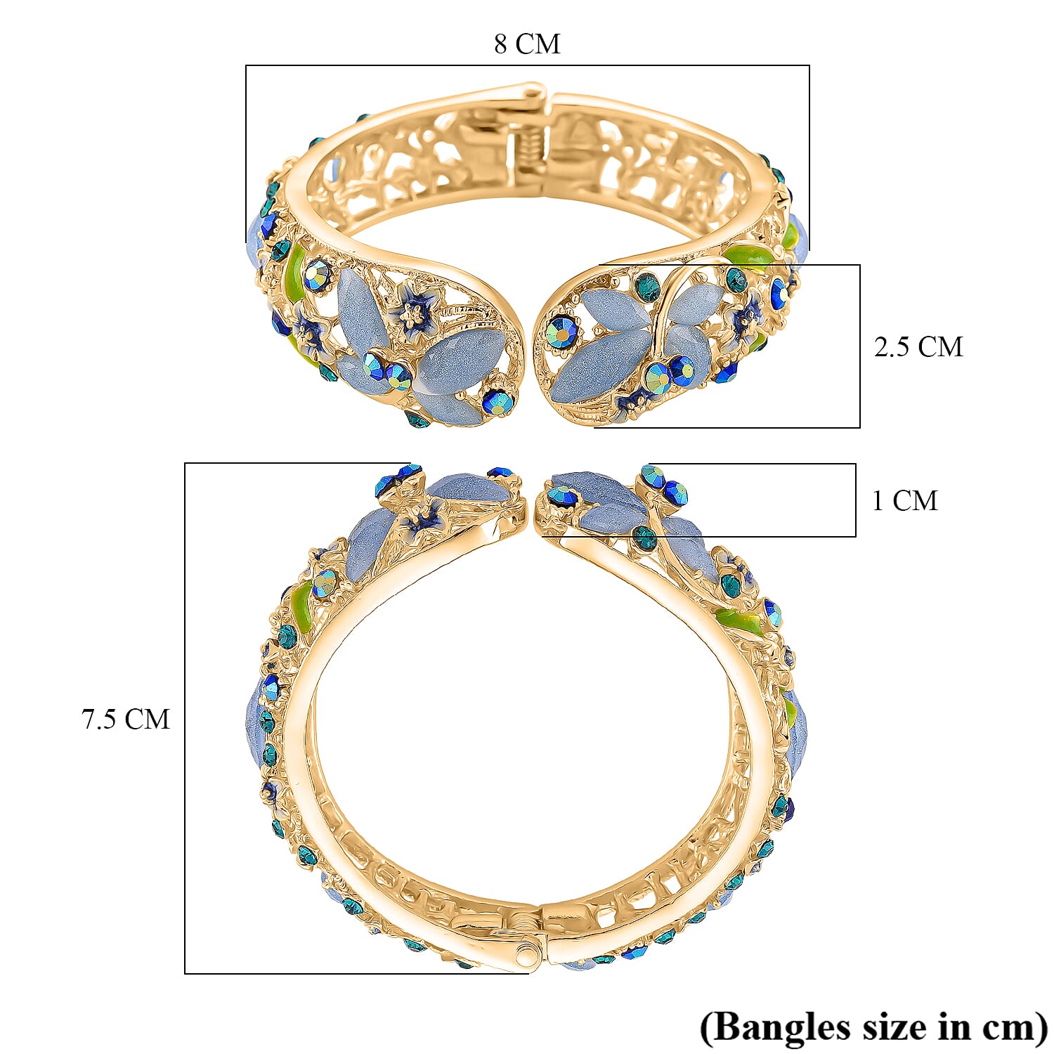 Blue Magic Color Crystal & Blue Color Resin Cuff Bangle (Size - 6.75) with Green Enameling