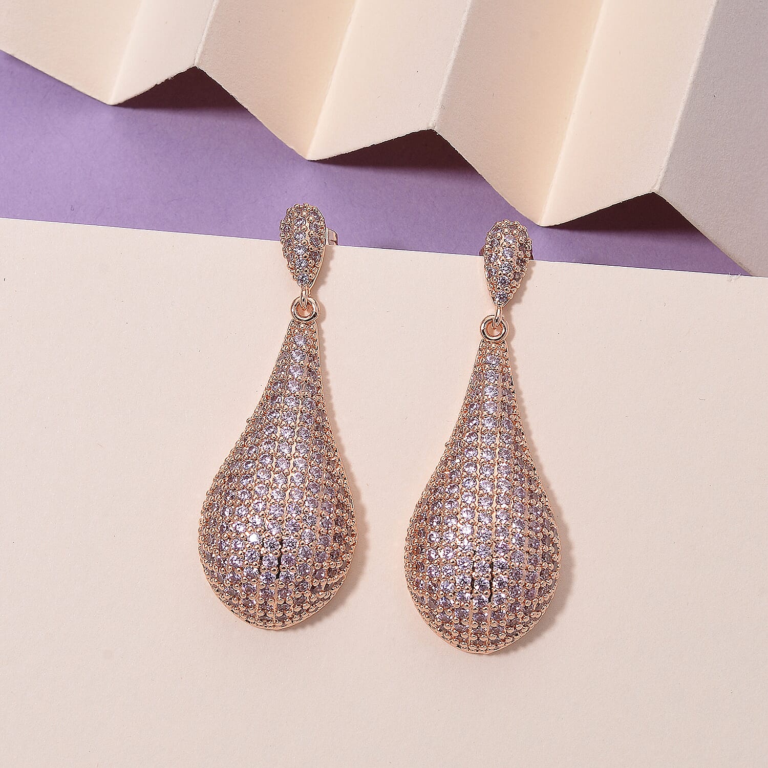 Pink Cubic Zirconia Teardrop Earring with Push Back in Rose Tone