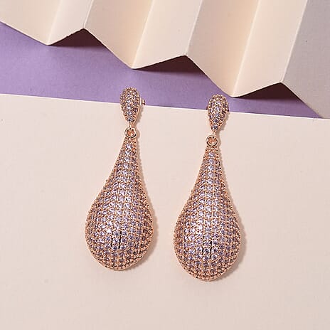 Pink Cubic Zirconia Teardrop Earring with Push Back in Rose Tone