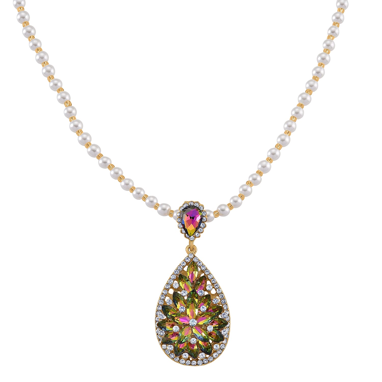 Yellow Glass Beads & White Glass Pearl Necklace (Size - 27) with White Crystal & Green Magic Colour Crystal