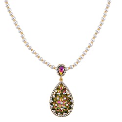 Black & Yellow Glass Beads Necklace (Size - 27) with White Crystal & Green Magic Colour Crystal in Yellow Gold Tone