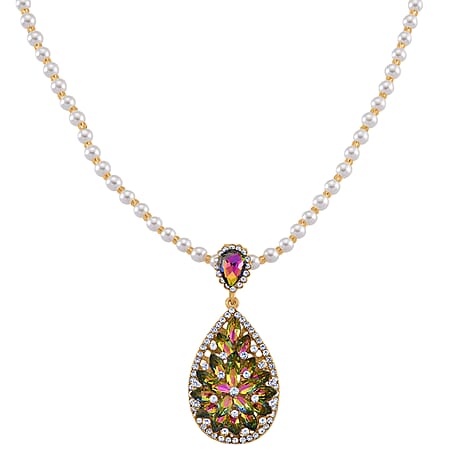 Yellow Glass Beads & White Glass Pearl Necklace (Size - 27) with White Crystal & Green Magic Colour Crystal