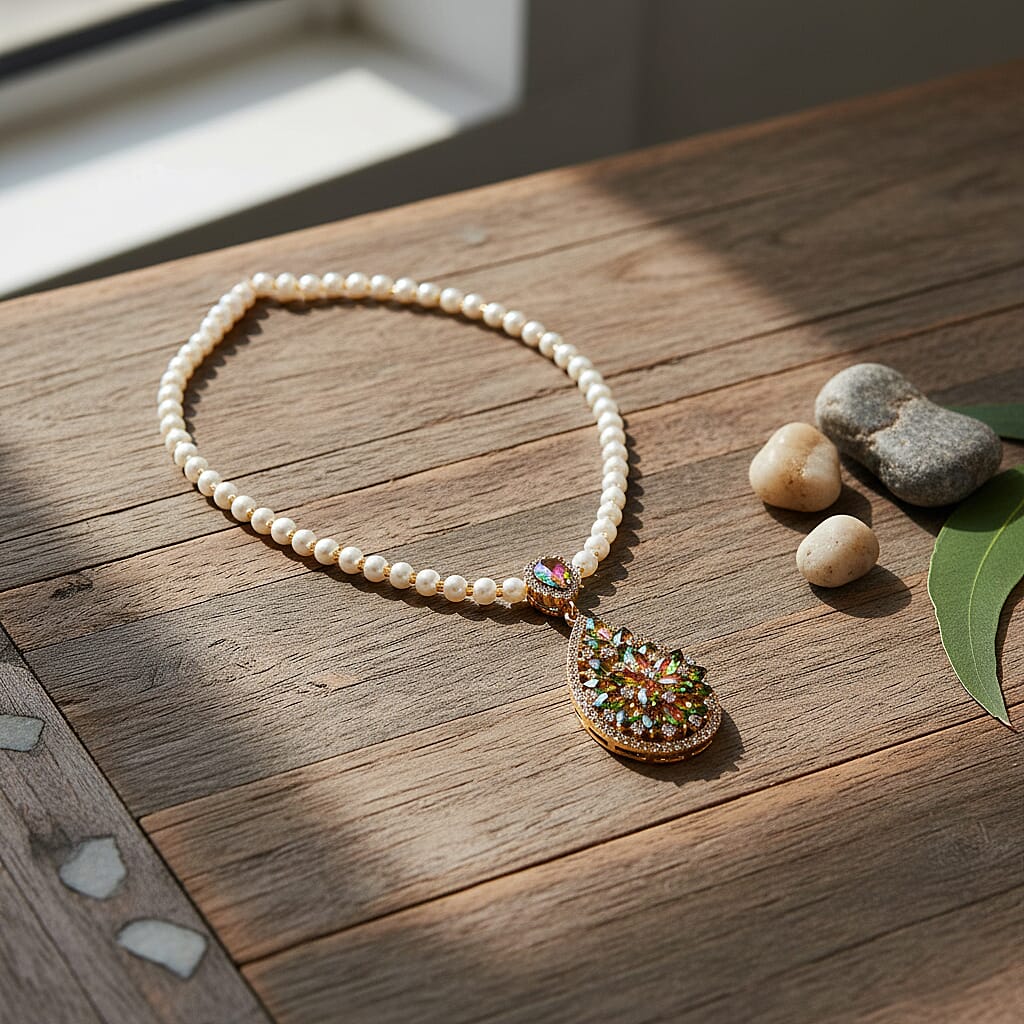 Yellow Glass Beads & White Glass Pearl Necklace (Size - 27) with White Crystal & Green Magic Colour Crystal