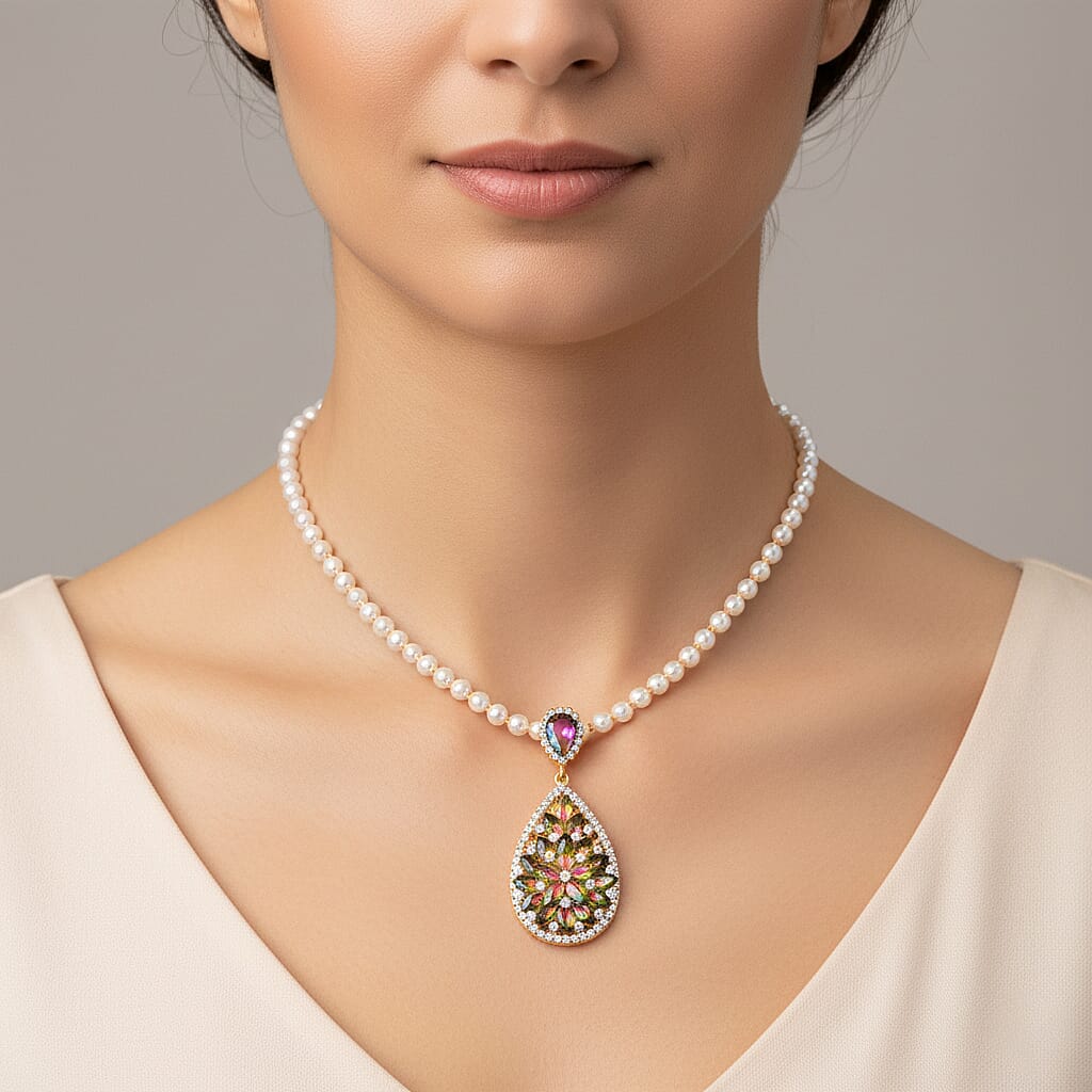 Yellow Glass Beads & White Glass Pearl Necklace (Size - 27) with White Crystal & Green Magic Colour Crystal