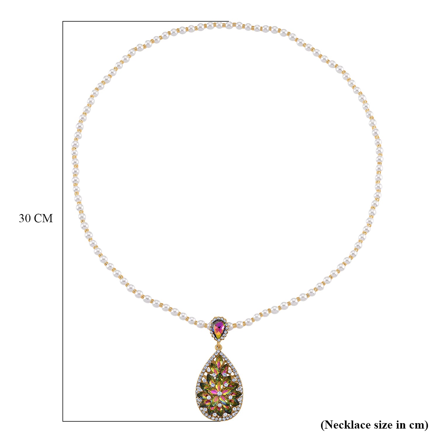 Yellow Glass Beads & White Glass Pearl Necklace (Size - 27) with White Crystal & Green Magic Colour Crystal