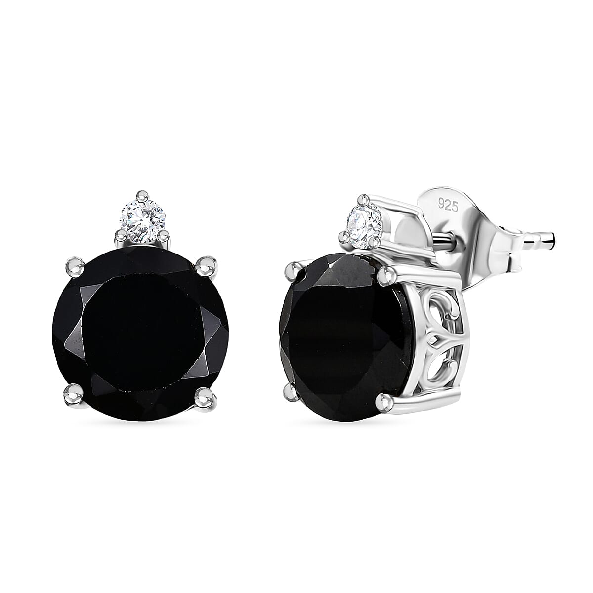 D'Joy Natural Thai Black Spinel & White Zircon Stud Push Post Earring in Platinum Overlay Sterling Silver 4.65 Ct.