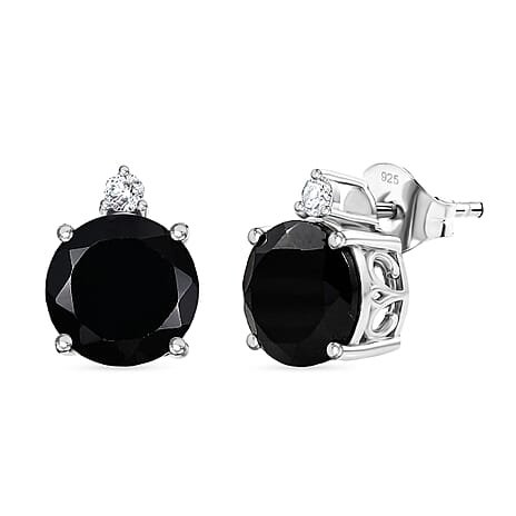 D'Joy Natural Thai Black Spinel & White Zircon Stud Push Post Earring in Platinum Overlay Sterling Silver 4.65 Ct.