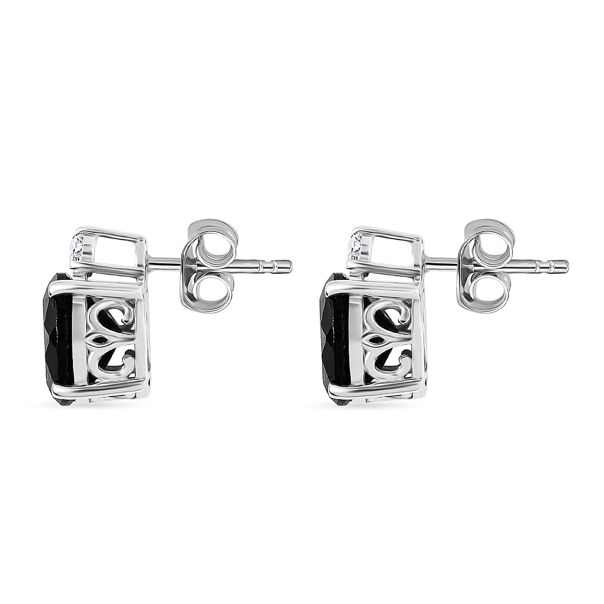 D'Joy Natural Thai Black Spinel & White Zircon Stud Push Post Earring in Platinum Overlay Sterling Silver 4.65 Ct.
