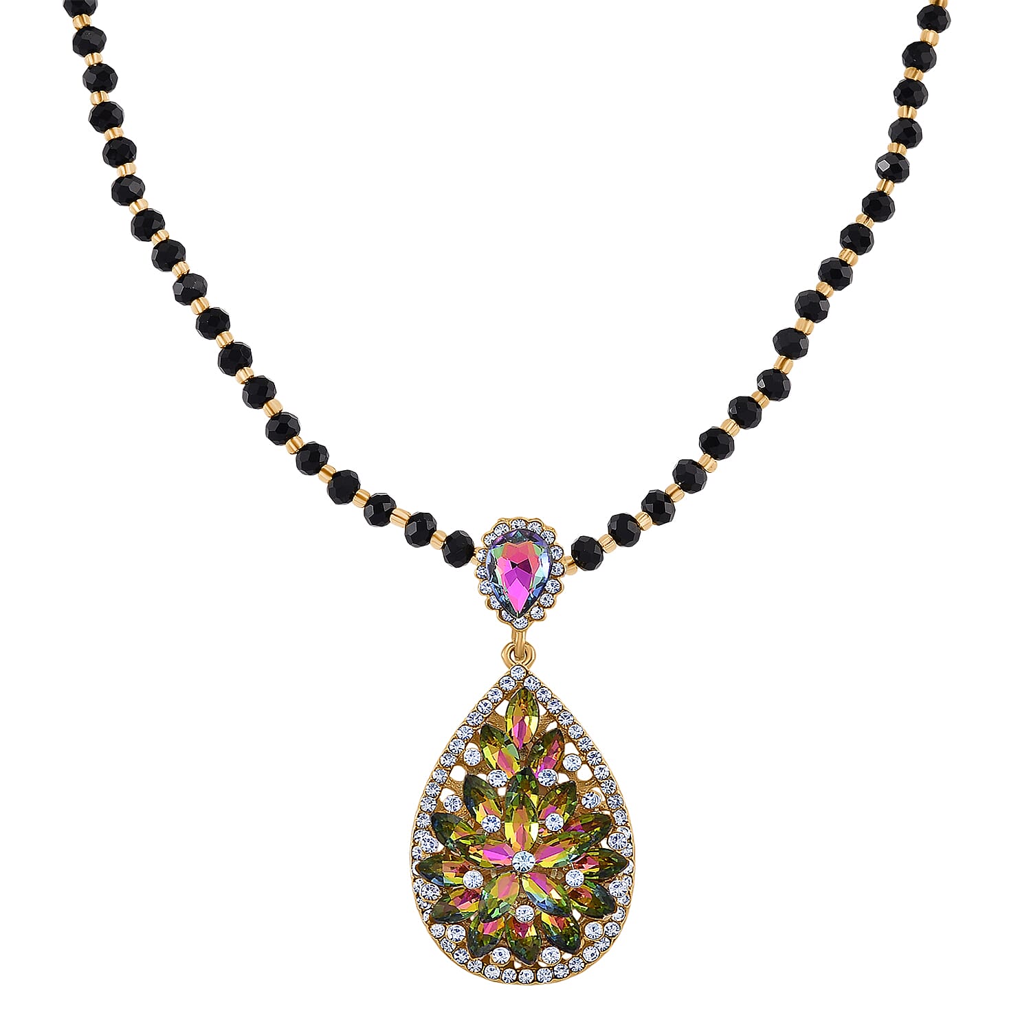 Black & Yellow Glass Beads Necklace (Size - 27) with White Crystal & Green Magic Colour Crystal in Yellow Gold Tone