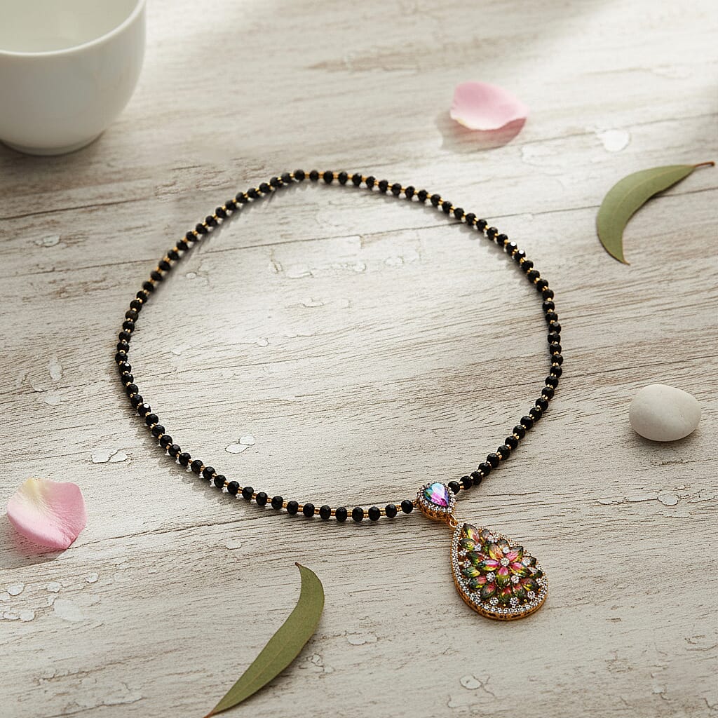 Black & Yellow Glass Beads Necklace (Size - 27) with White Crystal & Green Magic Colour Crystal in Yellow Gold Tone