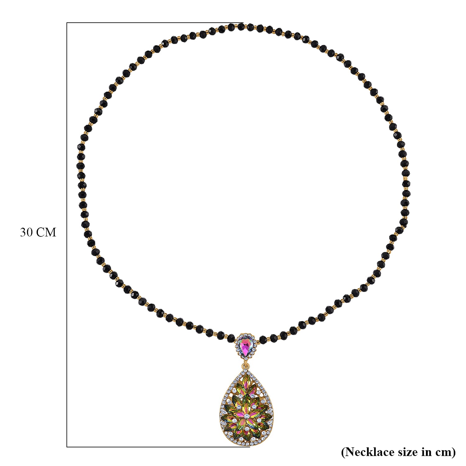 Black & Yellow Glass Beads Necklace (Size - 27) with White Crystal & Green Magic Colour Crystal in Yellow Gold Tone