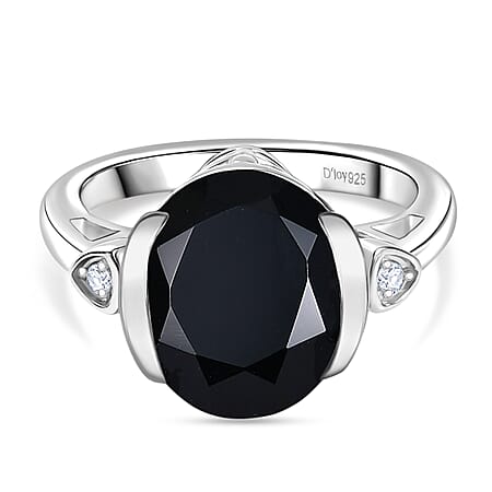 D'Joy Natural Thai Black Spinel & White Zircon Ring in Platinum Overlay Sterling Silver 6.02 Ct.