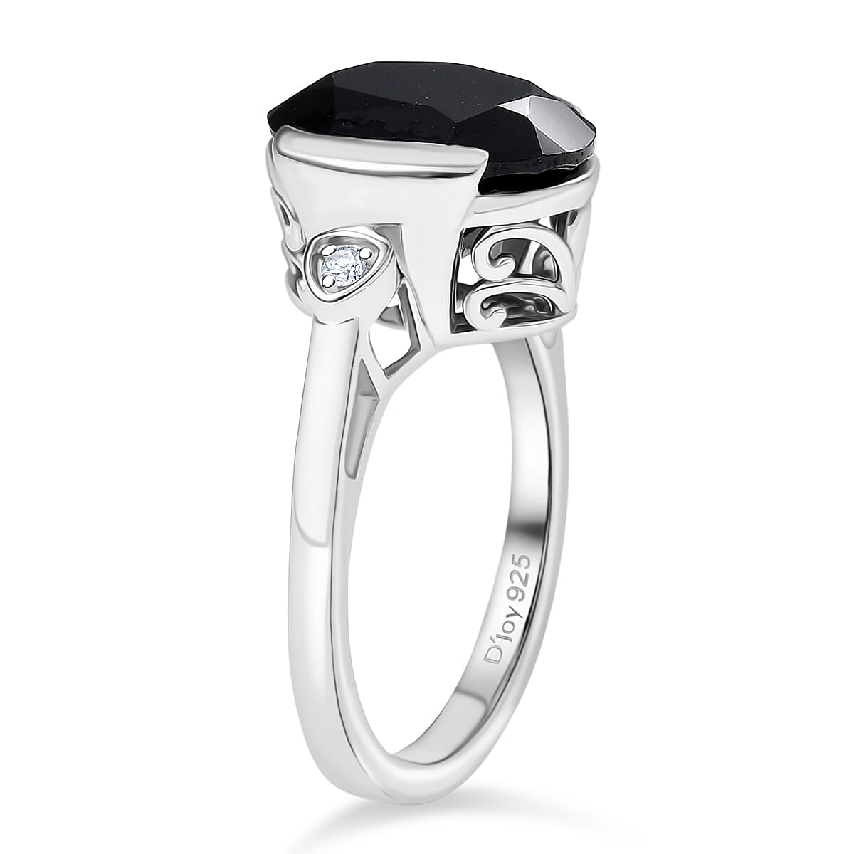 D'Joy Natural Thai Black Spinel & White Zircon Ring in Platinum Overlay Sterling Silver 6.02 Ct.