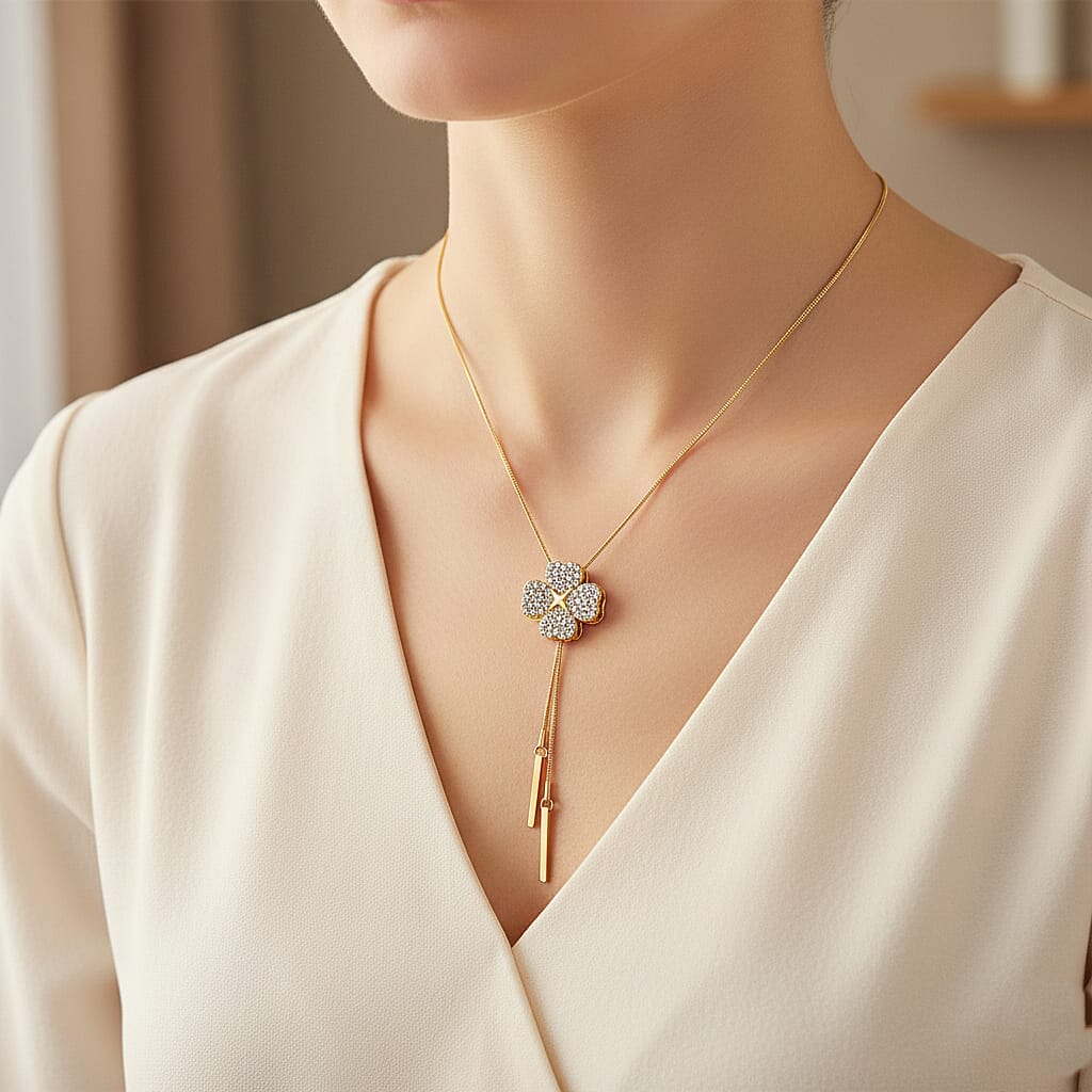 White Crystal Floral Necklace (Size - 32, Adjustable)