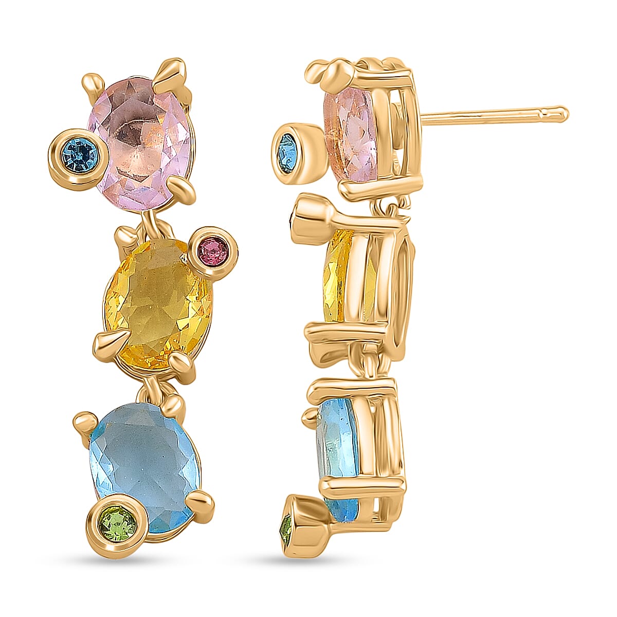 Austrian Multi Color Crystal Dangling Earring with Push Back in Yellow Gold Tone