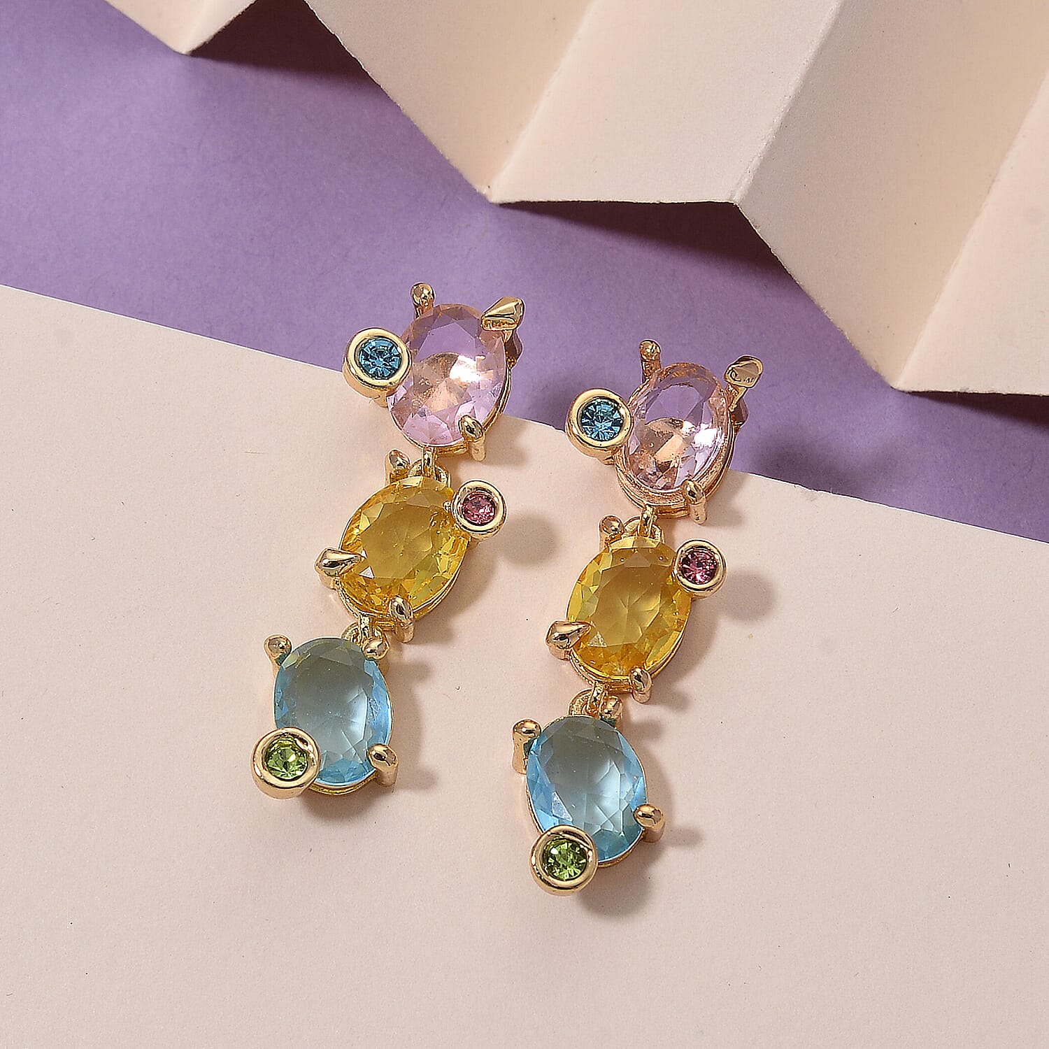 Austrian Multi Color Crystal Dangling Earring with Push Back in Yellow Gold Tone