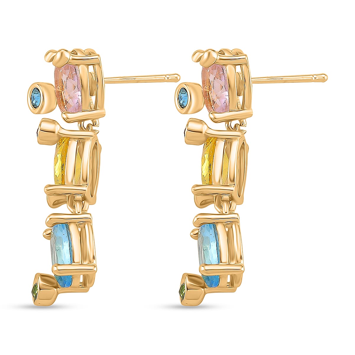 Austrian Multi Color Crystal Dangling Earring with Push Back in Yellow Gold Tone