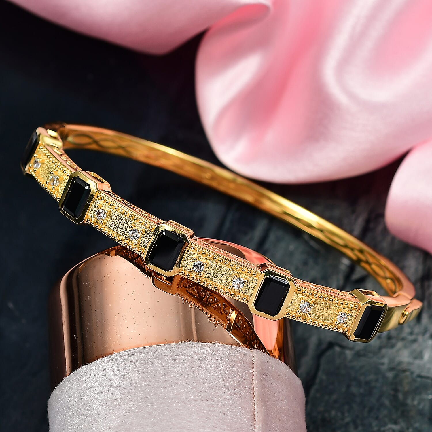 EverTrue Black Spinel & White Zircon Full Bangle (Size 7.5) in Yellow Gold Plated 7.72 Ct.