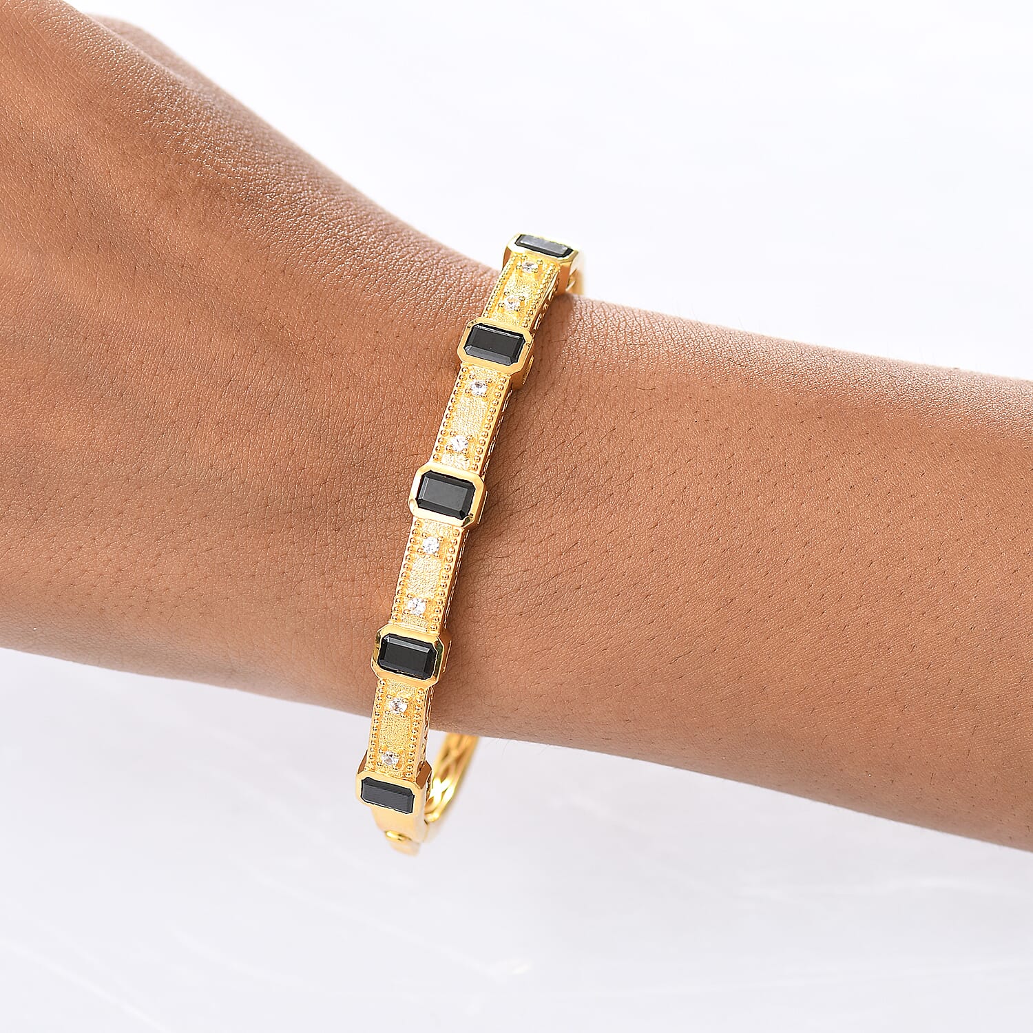 EverTrue Black Spinel & White Zircon Full Bangle (Size 7.5) in Yellow Gold Plated 7.72 Ct.