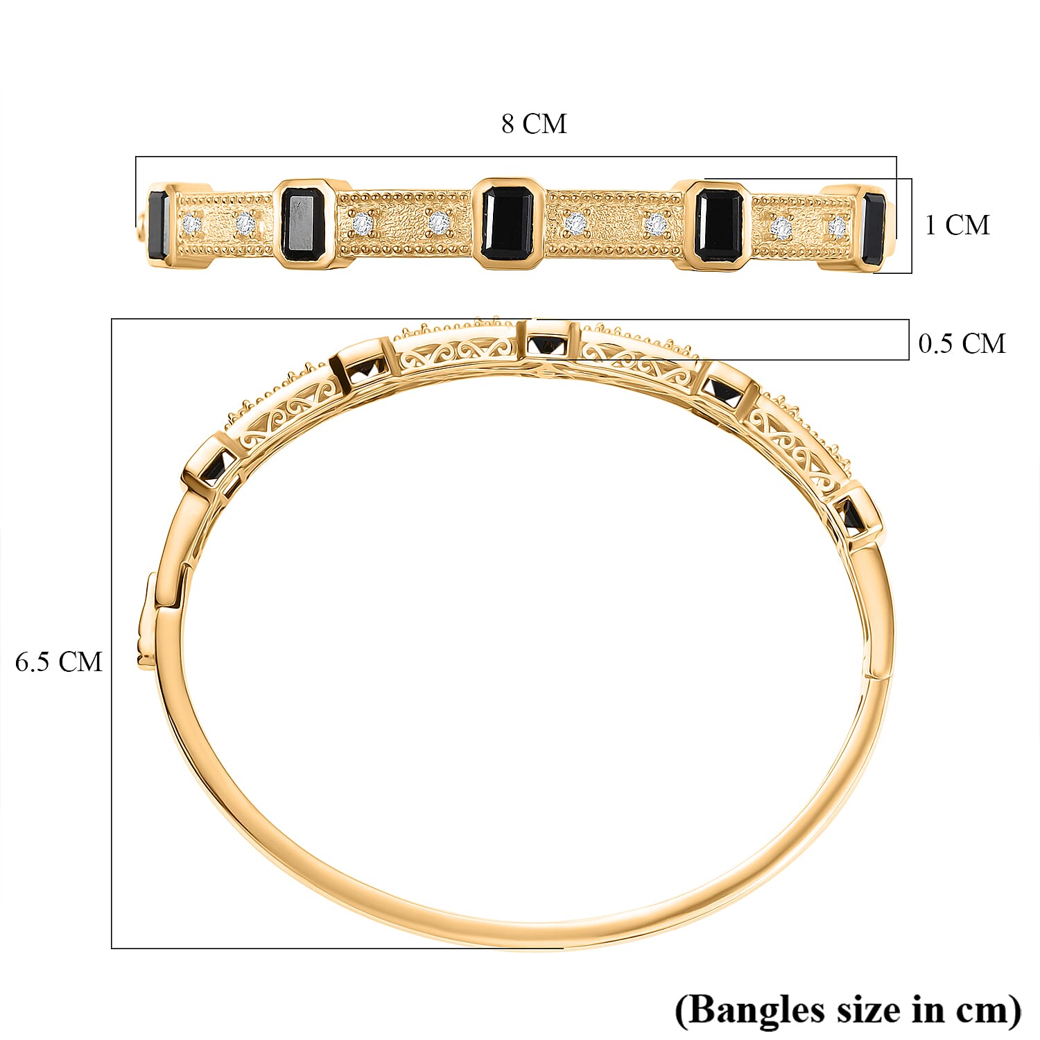 EverTrue Black Spinel & White Zircon Full Bangle (Size 7.5) in Yellow Gold Plated 7.72 Ct.